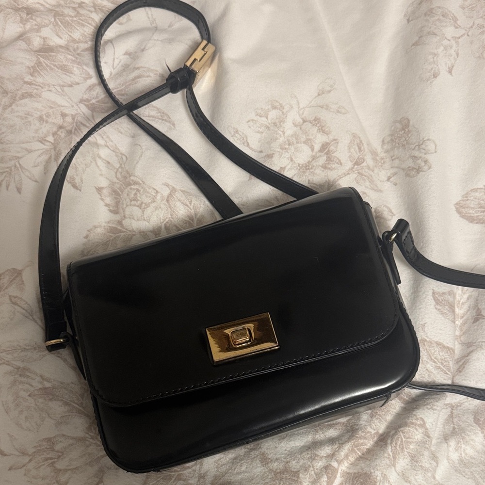 J. Crew Black Leather Crossbody with Gold-Tone Clasp